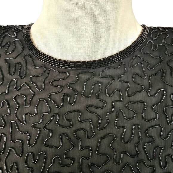 80s Black Silk Beaded Sheath Dress Short Sleeve Round Neck Laurence Kazar Sz 8 - Picture 9 of 11